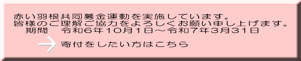 赤い羽根共同募金運動を実施しています。 皆様のご理解ご協力をよろしくお願い申し上げます。 　期間　令和6年10月1日～令和7年3月31日  　　　　寄付をしたい方はこちら